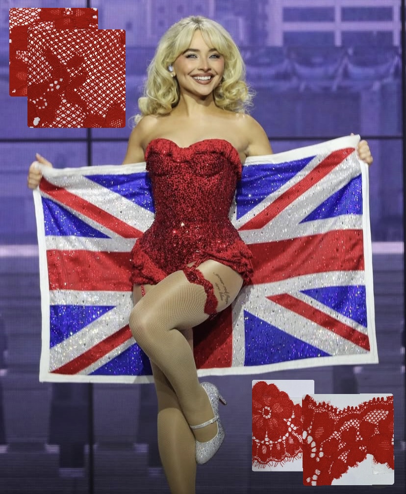 Sabrina Carpenter red sequin corset with dyed lace and fishnet swatches