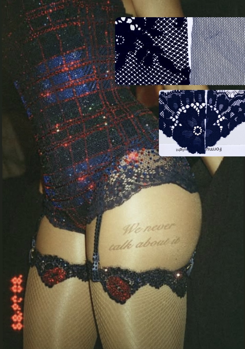 Sabrina Carpenter garter detail with dyed navy lace and fishnet swatches