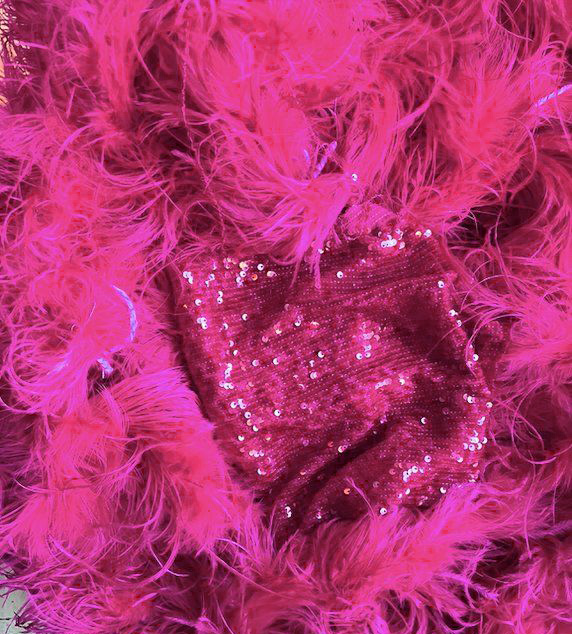 LaPointe pink dyed feathers and sequin fabric detail