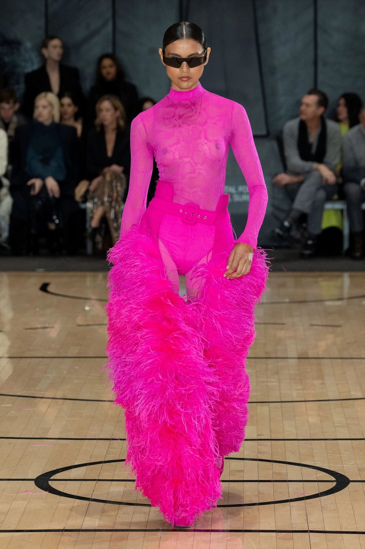 LaPointe pink feather skirt runway look